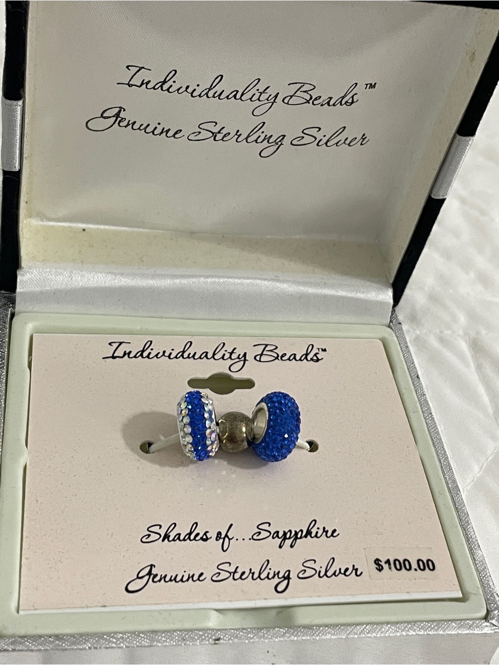 NWT Sterling Silver Sapphire Blue Crystal Spacer Beads - with box